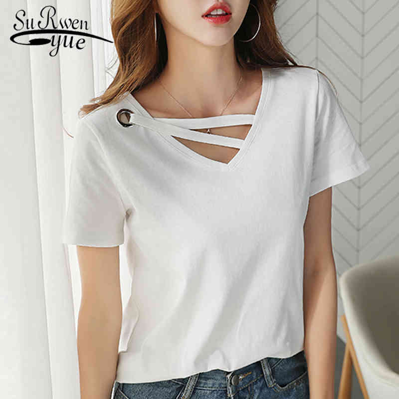 fashion women t shirt summer v collar cotton female shirt short sleeve women shirts white T-shirt womens clothing 2573 50 210417