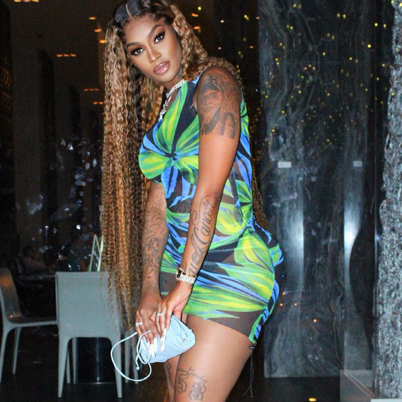 CNYISHE Sexy Sleeveless Print O-neck See-through Dress Women Fashion Bodycon Sheath Party Dresses Beachwear Mesh Sundress Robe 210419
