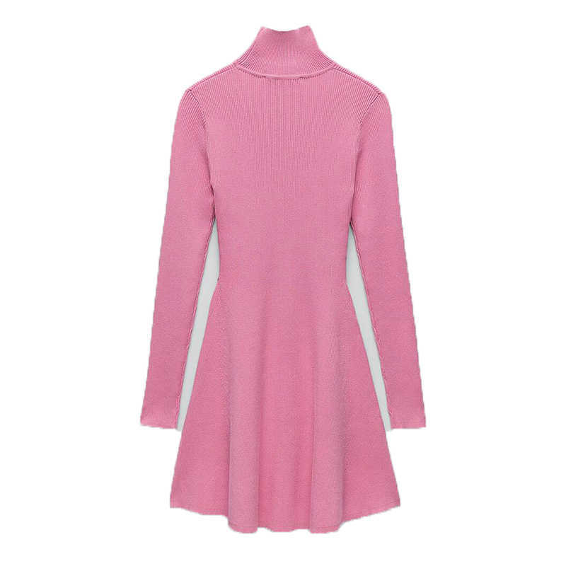 Women Fashion Chic Pink Side Split Slim Knitted Mini Dress Female Elegant Turtleneck Long Sleeve Dresses Vestidos 210630