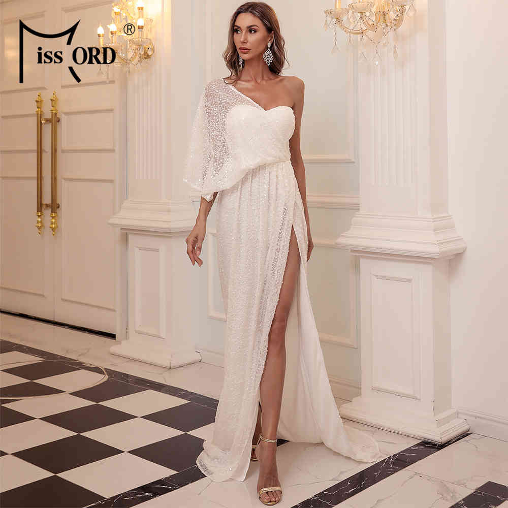 Missord Sexy One Shoulder Sequin Evening Party Dress Floor Length Maxi Dress Solid Color High Split Backless Women Dress M0843 210331
