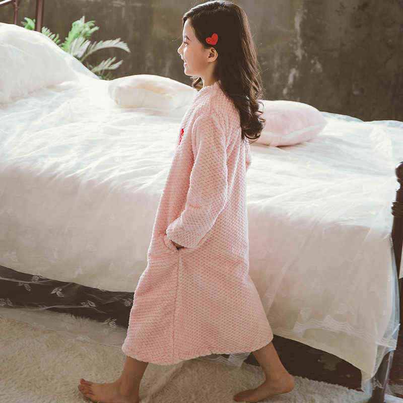 Girl Autumn Winter Long Warm Flannel Bathrobe for Girls Cozy Bath Robe Zipper Night Dressing Gown Kids Sleepwear Size 6 8 10 12Y 211130