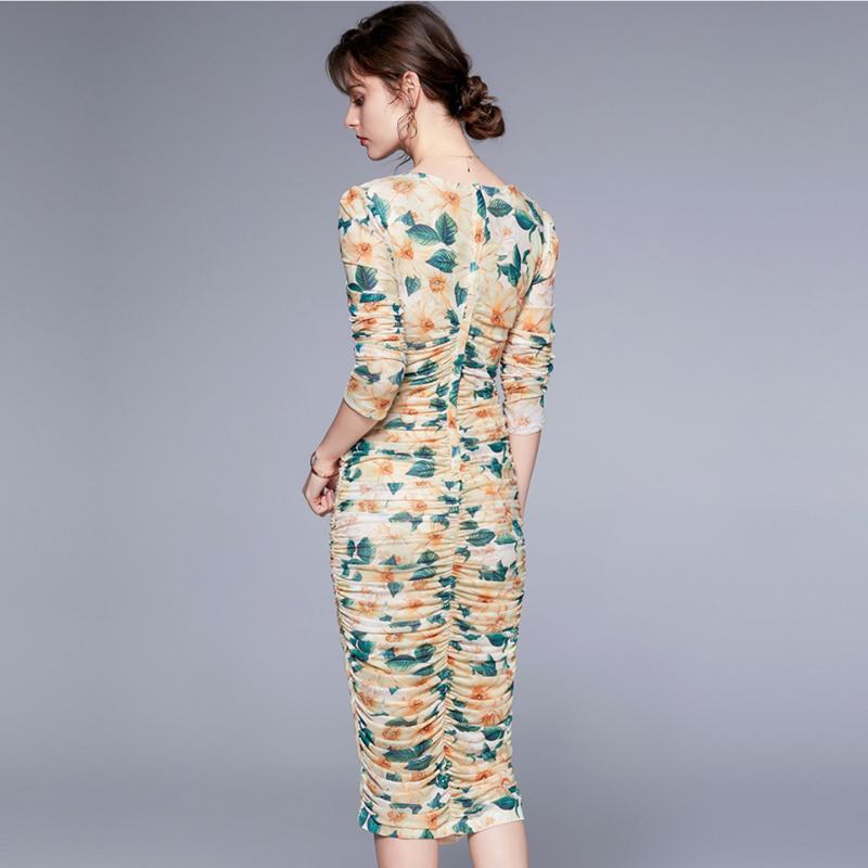 Elegant Party Dress 2021 Summer High Waist Tight Mid-Calf Puff Sleeve Small Folds Elasticity Vintage Floral Mesh Women Casual Dresses