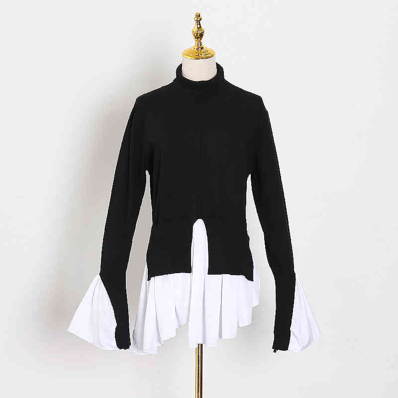 VGH Splicing Pleated Sweater For Women Turtleneck Flare Sleeve Casual Knitting Pullovers Female Fashion New Clothing Autumn 210421