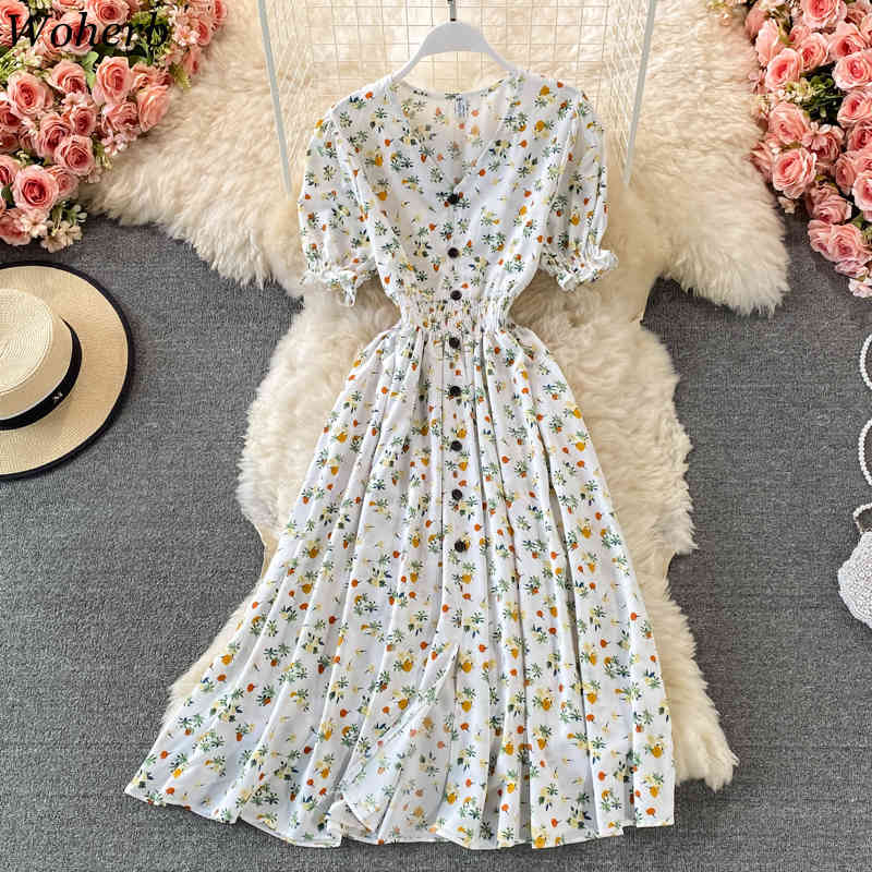 Summer Floral Printed Midi Dress Women Vintage Slim-wasit V-Neck Short Sleeve High Waist Vestido Female Elegant Robe 210519