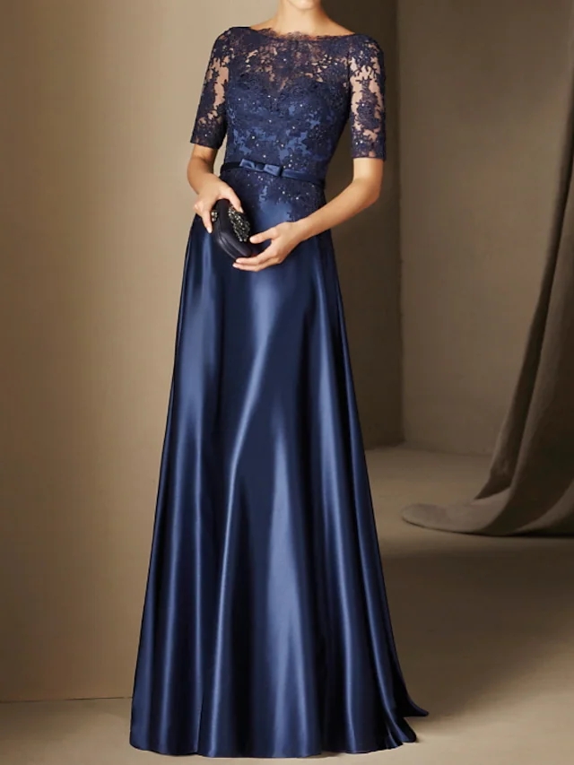2022 Dark Navy Elegant Formal Evening Dress Illusion Neck Short Sleeve Floor Length Lace Satin Prom Party Gown robe de soiree vestidos de fiesta