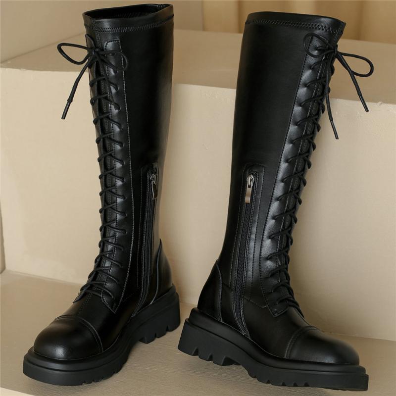 Boots Women Lace Up Genuine Leather Flat With Knee High Female Thigh Round Toe Platform Pumps Shoes Casual