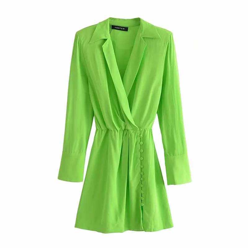 Summer Shirt Dress Women 2021 Green Long Sleeve Shoulder Pad Slim Fashion Dress Chic Button Pleated Mini Shirt Dress Q0707