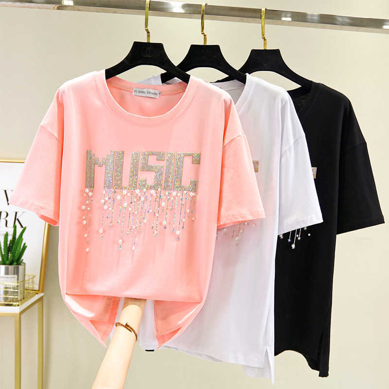 Plus Size Summer Tops Women T shirt Cotton White Loose Short Sleeve Oversize T-Shirt Woman Beading Korean Clothes Pink 210604
Plus Size Summer Tops Women T shirt Cotton White Loose Short Sleeve Oversize T-Shirt Woman Beading Korean Clothes Pink 210604