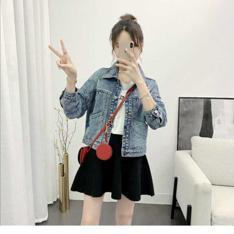 [EWQ] Autumn Full Sleeve Turn-down Collar Loose Women Cowboy Coats Korea Style 1 Blue Short Denim Jacket QZ346 210928