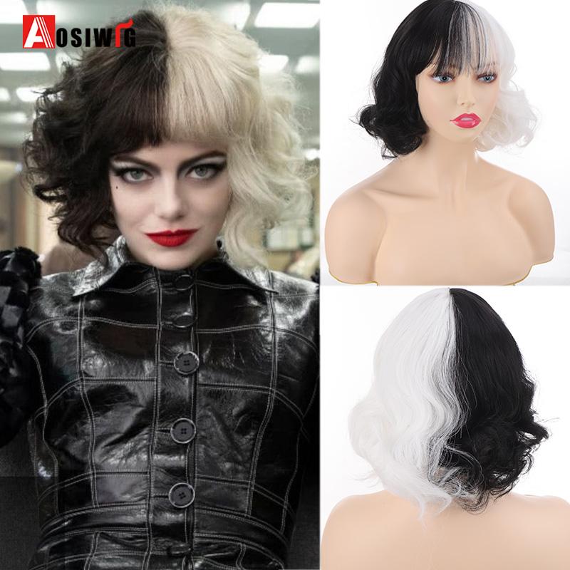 Synthetic Wigs Aosiwig Cruella Cosplay Wig With Bangs Short Wavy Hair Half Black White Costume Halloween Christmas For Women
