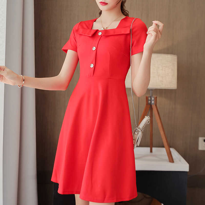 Dresses For Women Short Sleeve Woman Dress Vestido De Mujer Square Collar Black Red Chiffon Dress Women Vestidos D625 210602