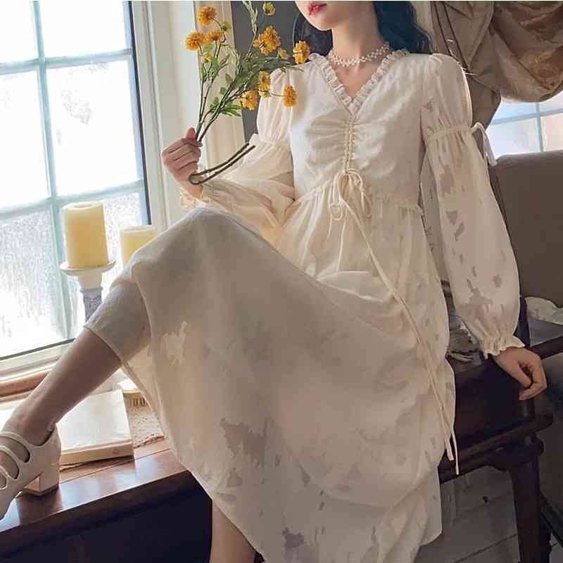 Summer Chiffon Elegant Dress Women Long Sleeve Solid Vintage Dress Evening Party for Females Dress Korean V-Neck 210521