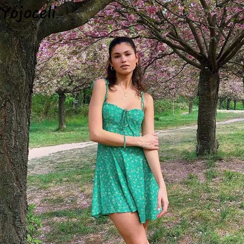 Yojoceli Elegant ruffle print floral dres Summer beach casual daily short Strap white female sun vestidos 210609