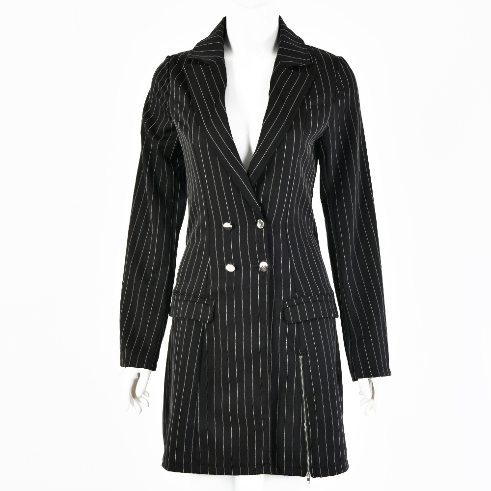 Foridol vintage stripe blazer dress women zipper slit double breasted white elegant blazer dress business elegant short dress 210415