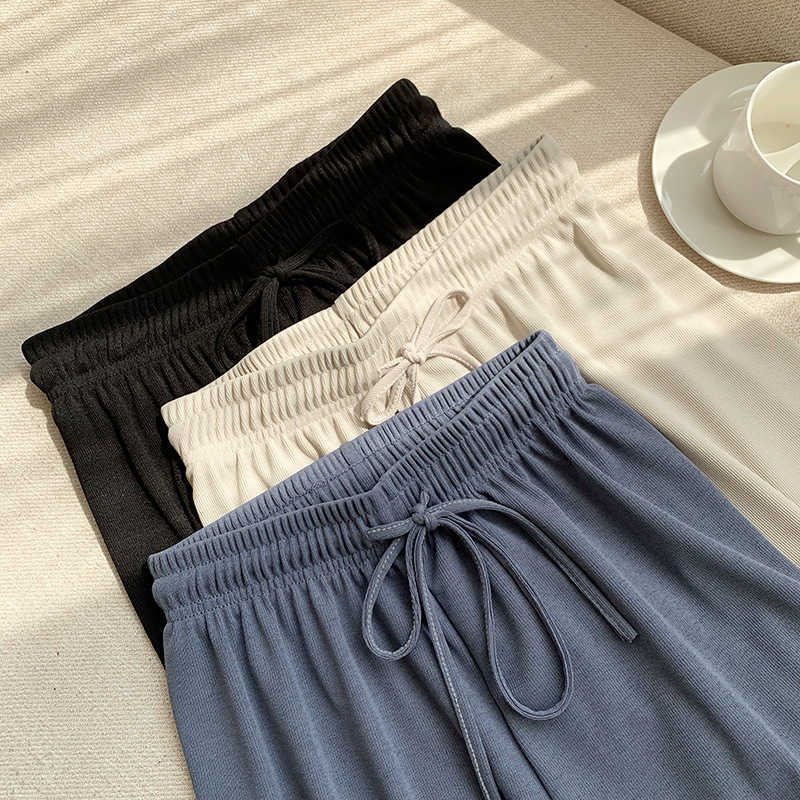 High Waist Soft Comfort Women Wide-leg Pant Casual Spring Summer Woman Ice Silk Ankle-Length Trouser Female Slacks 210526