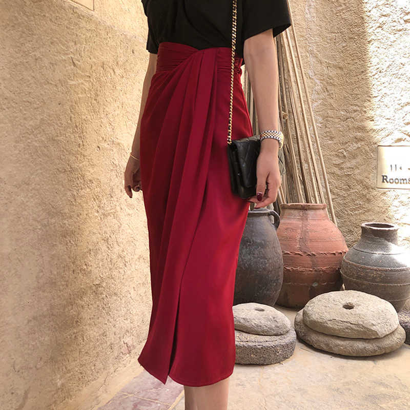 TWOTWINSTYLE Vintage Irregular Side Split Skirt Women High Waist Asymmetrical Ruched Skirts For Female Fashion Clothing 210619
