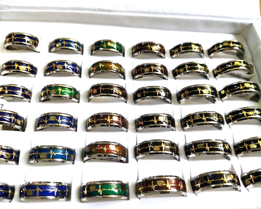 20pcs ECG Mood Ring Mens Electrocardiogram Color Change Stainless Steel Wedding Rings Fashion Womens Ring Male Unique Jewelry Gift Favor