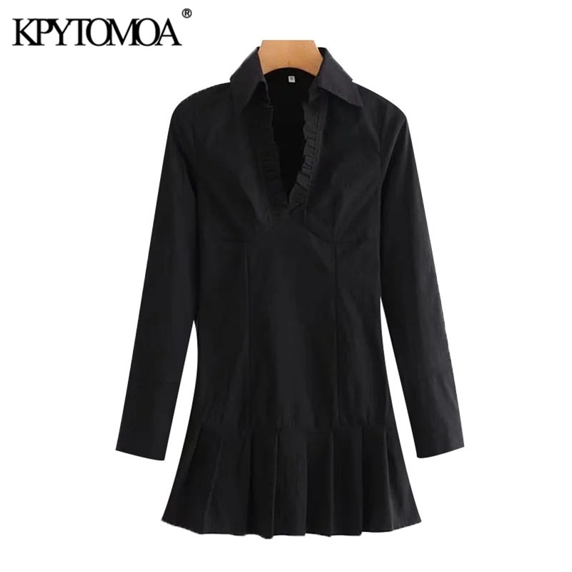 Women Chic Fashion Ruffled Black Mini Dress Long Sleeve Side Zipper Female Dresses Vestidos Mujer 210420