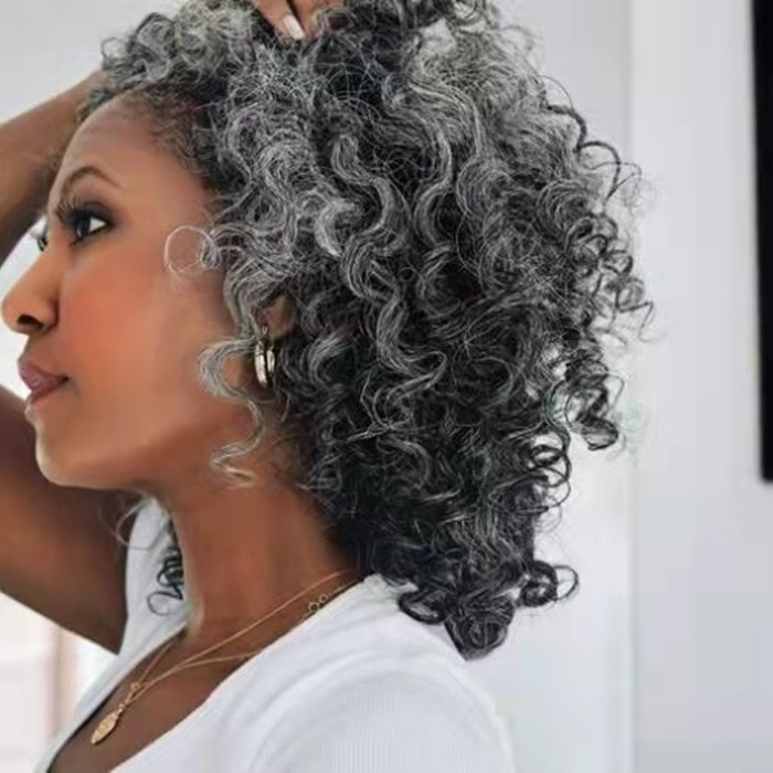 Gray Drawstring ponytail Authentic large dark grey ombre silver tips deep curl human extensions easy to fit with a elastic hair tie for most people 12