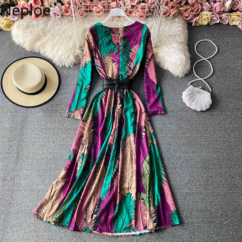 Neploe Maxi Dresses for Women O-neck Long Sleeve Print Vestidos Mujer Beach Style Lace Up Slim Waist Big Swing Elegant Dress 210422