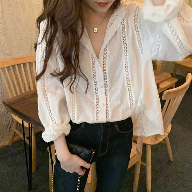 Spring Autumn Long Sleeve Fashion White Shirt Women Hollow Out Tops Loose Ladies Casual s Korean Clothes 13127 210506