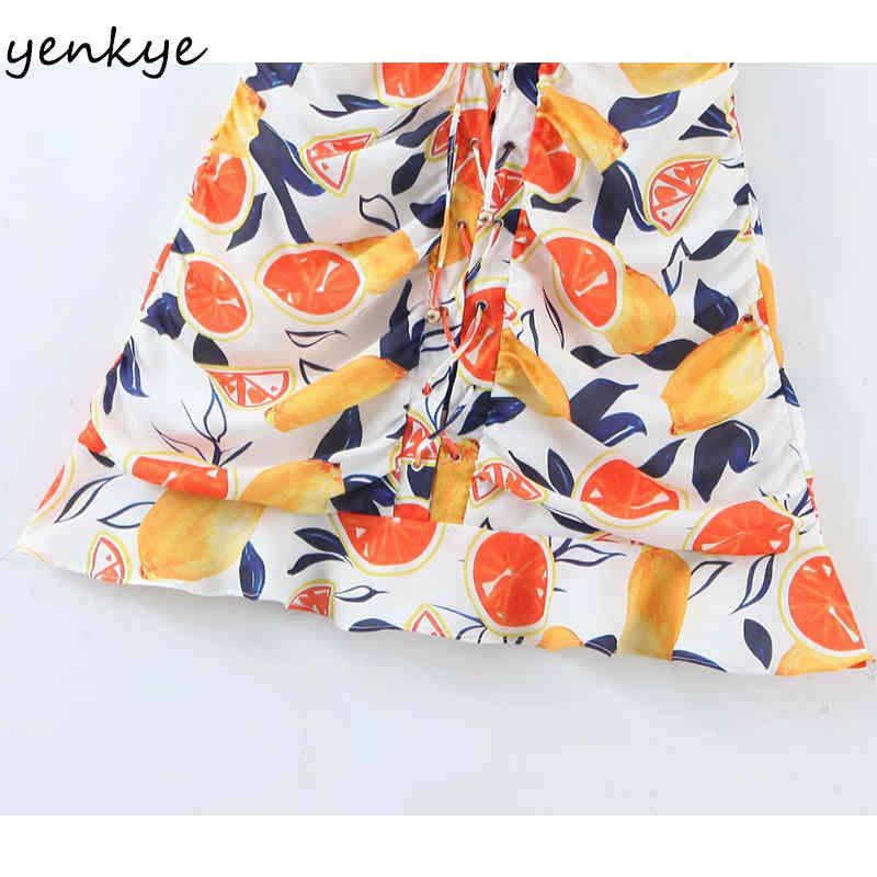 Multicolor Fruit Print Summer Dress Women Front Drawstring Sexy V Neck Short Sleeve A-line Mini Prairie Chic Robe 210430