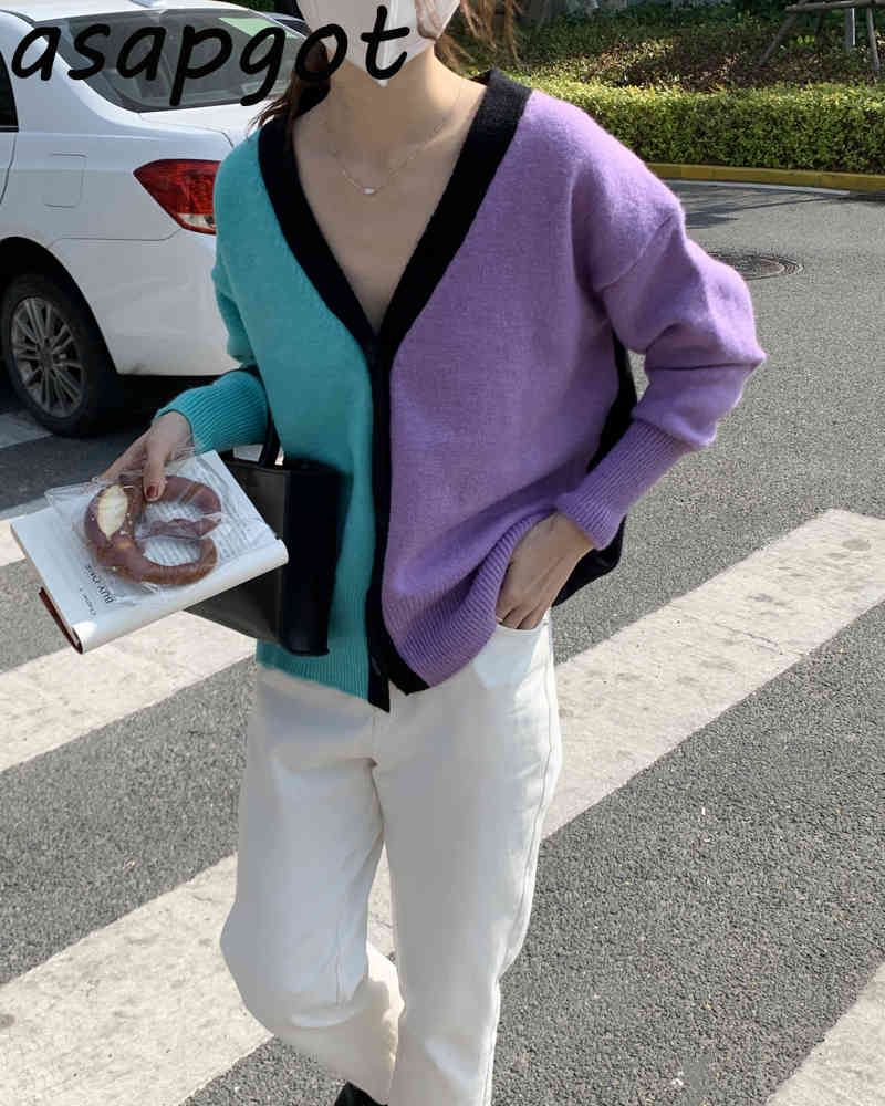 V Neck Purple Patchwork Blue Knitted Cardigan Jacket Contrast Color Single-breasted Long Sleeve Sweaters Jumpers Casual Retro 210429