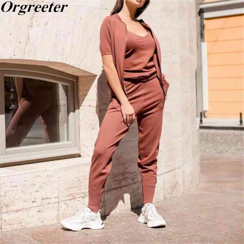 est Zipper Short Sleeve Knitted Cardigans Sweaters + Pants Sets Vest Woman Fashion Tracksuit Trousers 3 PCS Female Outfit 210602, Khaki
est Zipper Short Sleeve Knitted Cardigans Sweaters + Pants Sets Vest Woman Fashion Tracksuit Trousers 3 PCS Female Outfit 210602, Khaki