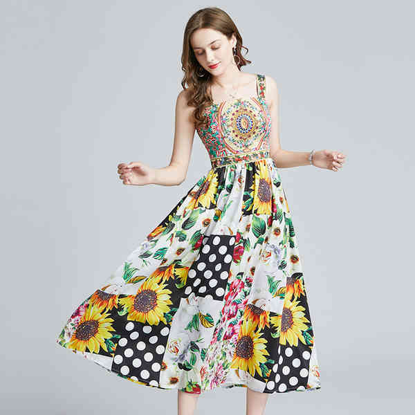 Runway Sexy Strapless Lady Midi Dress Sunflower Flower Print Women Beach Holiday Slim Party Vestidos 210519