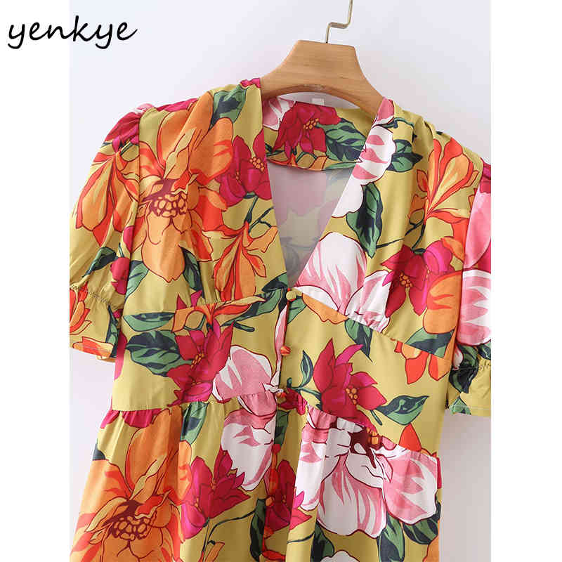 Summer Dress Women Multicolor Floral Print Female V Neck Short Sleeve Sundress Vestido High Waist Casual 210430