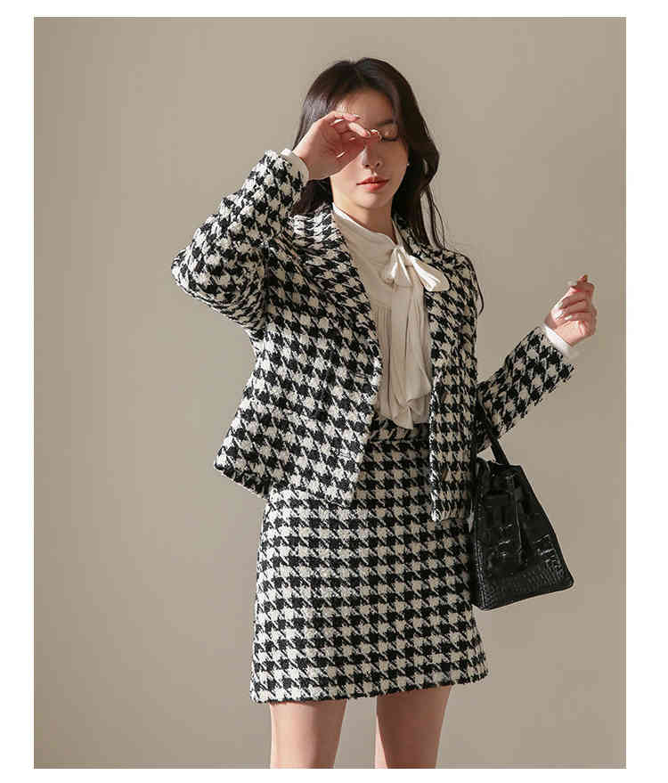 Autumn Two Piece Set Women Office Houndstooth Ladies Long Sleeve Tweed Jacket Coat+ Short Bodycon Skirt Suits 210519