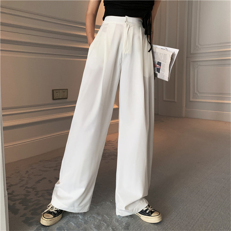 Selling Autumn White High Waist Slender Quality Streetwear Suit Full-Length Large Size Wide Leg Trousers 210421