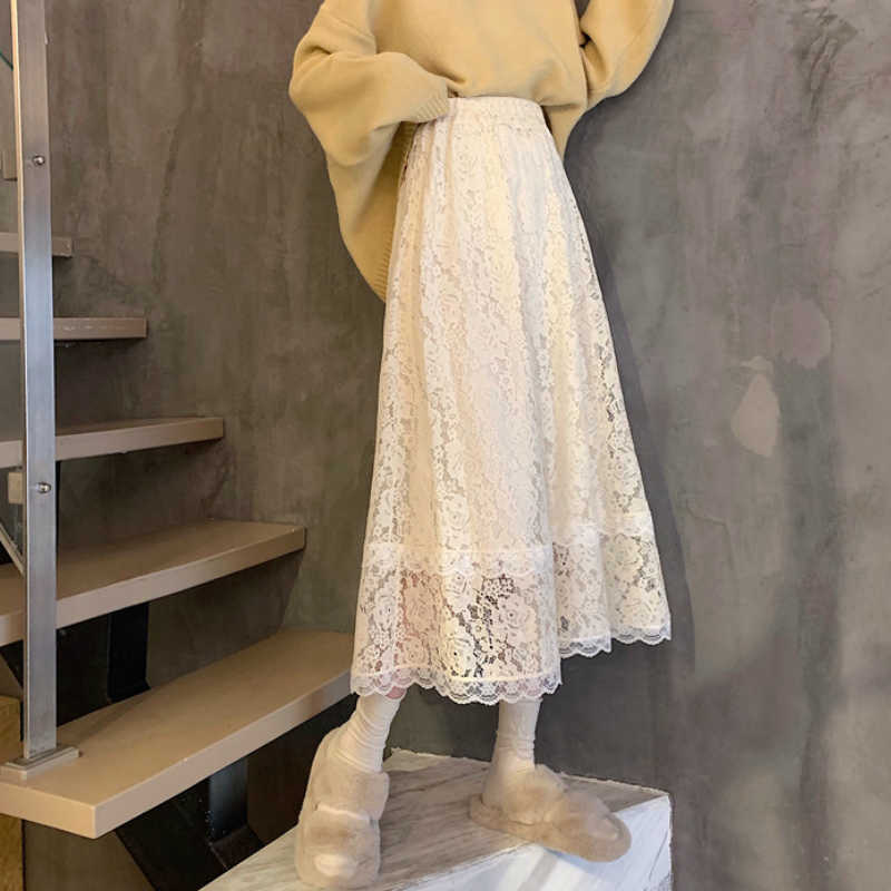 Black White Lace Midi Skirt Women Fashion Spring winter Korean Cute Elegant Office A-line Female Lady 210621