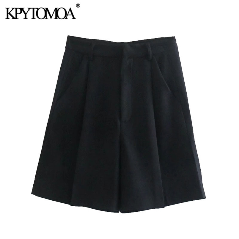 Women Chic Fashion Side Pockets Pleated Bermuda Shorts High Waist Zipper Fly Female Short Pants Mujer 210420