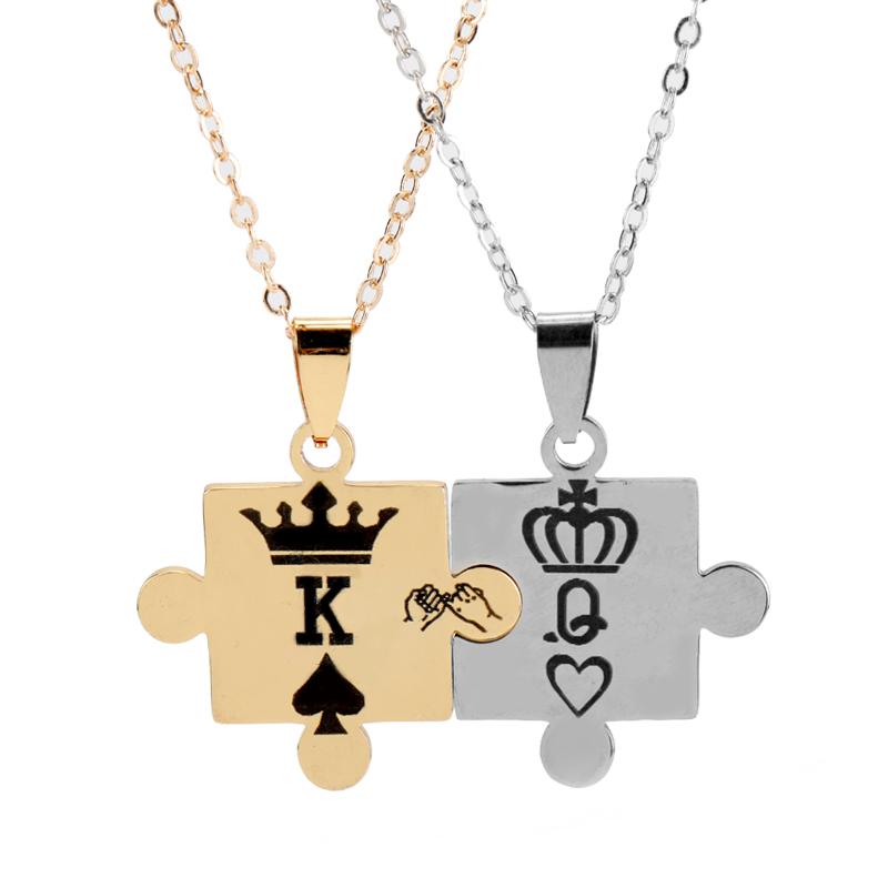 Pendentif Colliers Couronne King Queen Poker Couple Jigsaw Puzzle Mode K / Q Lettre Lovers pour