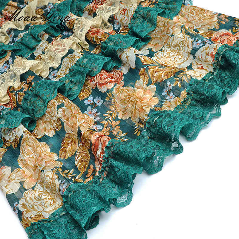 Fashion dress Spring Women Dress Mesh Long sleeve Beaded Vintage Floral Print Lace Cascading Ruffle Chiffon Dresses 210524