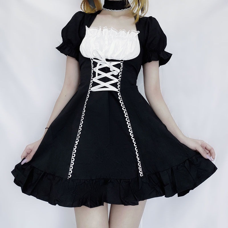 QWEEK Women's Maid Dress Kawaii Lolita Outfit French Maid Costumes Cosplay Bandage Dress Sexy Waitress Dress Puff Sleeve Uniform 210331