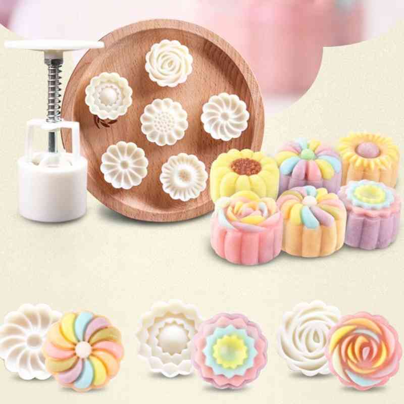 Moon Cake Mould Mold With 6Pcs Stamps Around Flower Baked Mooncake Hand Diy Tool