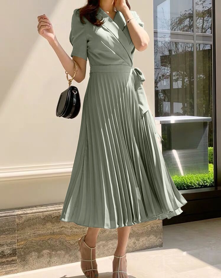 Women's fashion Notched Neck Pleated Dress Draped Lace Up Bow Midi Dresses OL Elegant Work Wear Business Vestidos 210519