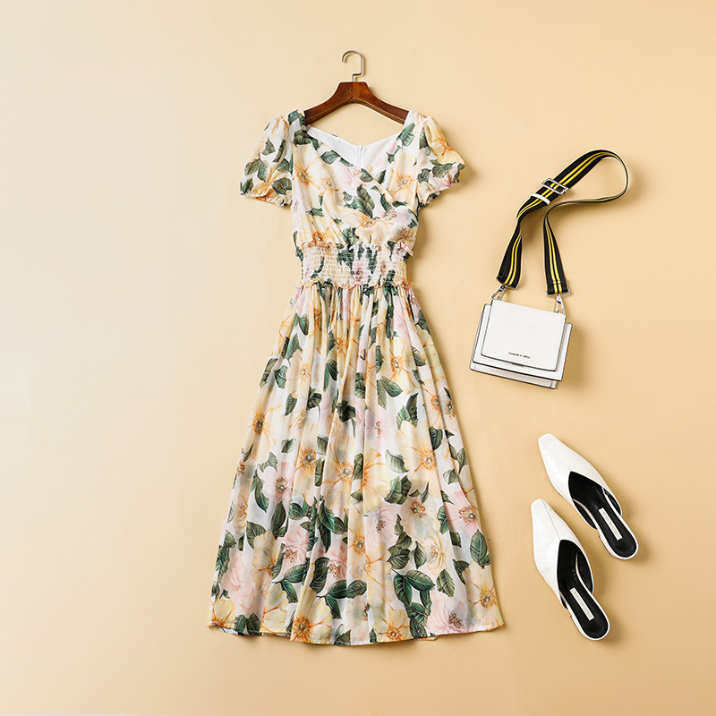 Women's Runway Dresses V Neck Short Sleeves Floarl Printed Elastic Waist Fashion Casual Mid Dress Vestidos