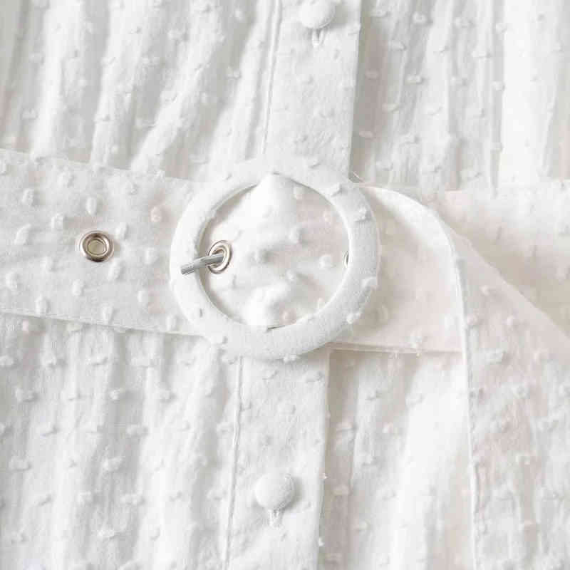 Polka Dot Dobby White Long Sleeve Dress Shirt Women Button Sash Transparent Short Dress Casual Spring Autumn Vintage Dress 210415