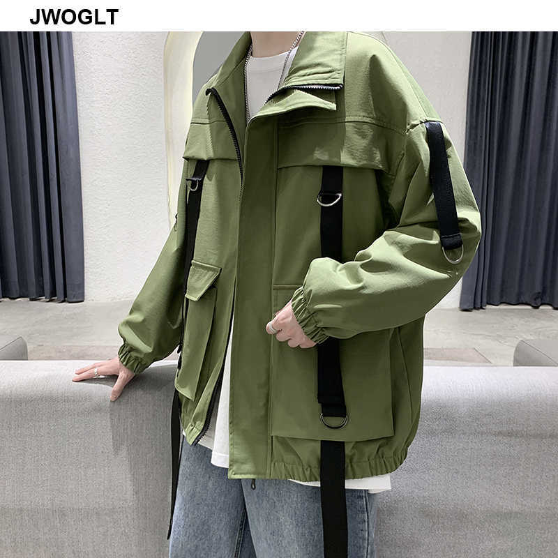 Men's Cargo Jacket Autumn All-Match Harajuku Outwear Korean Style Streetwear Trend Many Pockets Ribbons Zipper Jackets Coats 210528