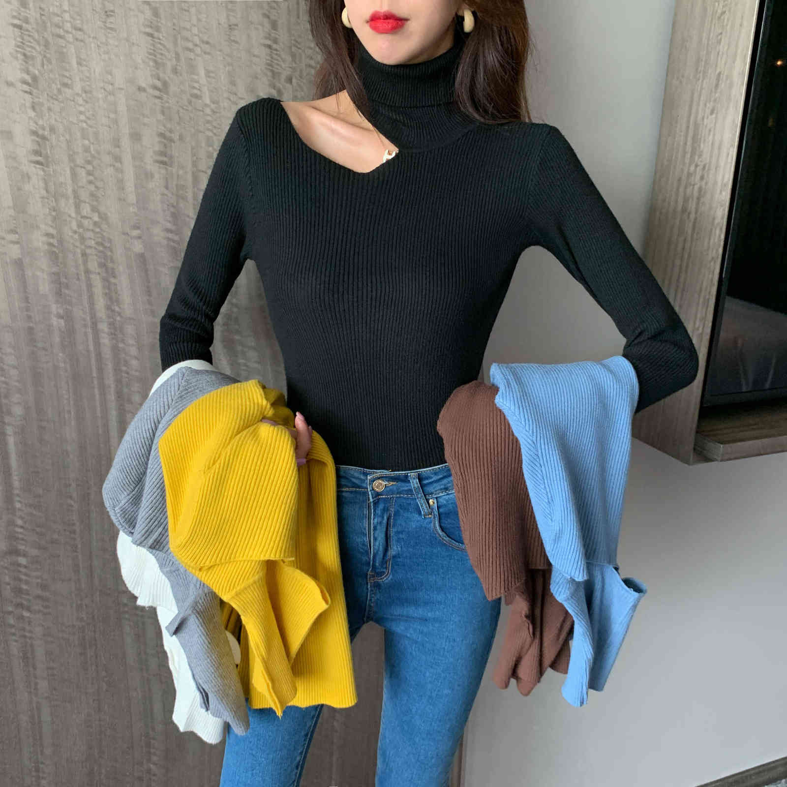Knitted Sweater Off Shoulder Pullovers Sweater for Women Long Sleeve Turtleneck Female Jumper Black White Sexy Clothing 211109