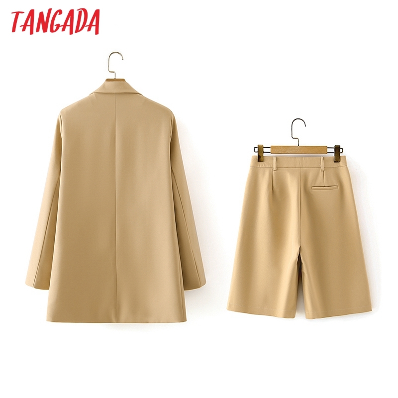 Elegant Women's Solid Khaki Blazer Fashion 2 Piece Set Suit and Shorts DA97 210416