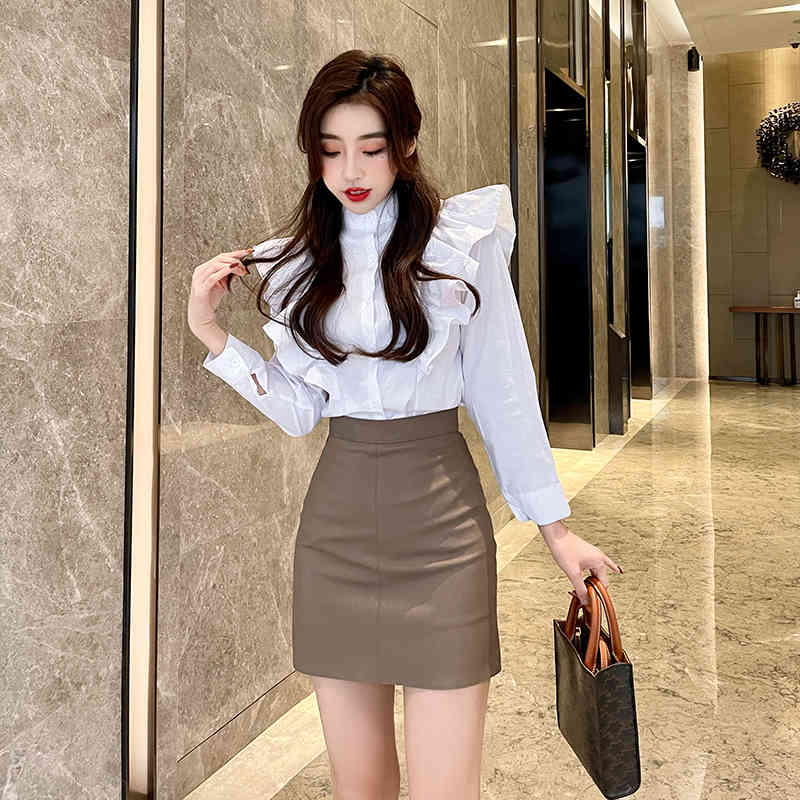Korean Fashion Stand Collar Long Sleeve Ruffles Shirts Women White Casual Loose Blouse Blusas 210519