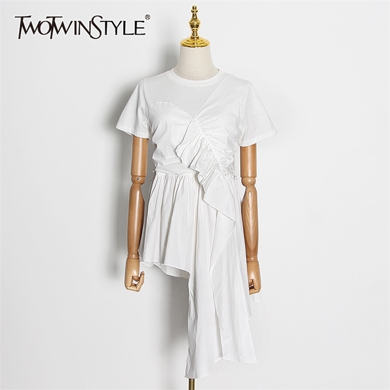 TWOTYL Eelegant Patchwork Ruffle Woman's T-shirt O Neck Short Sleeve Ruched Asymmetric Oversize Casual Shirt Female Fashion 210708, Black
TWOTYL Eelegant Patchwork Ruffle Woman's T-shirt O Neck Short Sleeve Ruched Asymmetric Oversize Casual Shirt Female Fashion 210708, Black