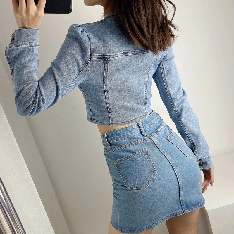 Nomikuma Spring New Sexy Slim Short Jeans Blouse Zipper Korean Long Sleeve Square Collar Shirt Fashion Korean Blusas 6F712 210427