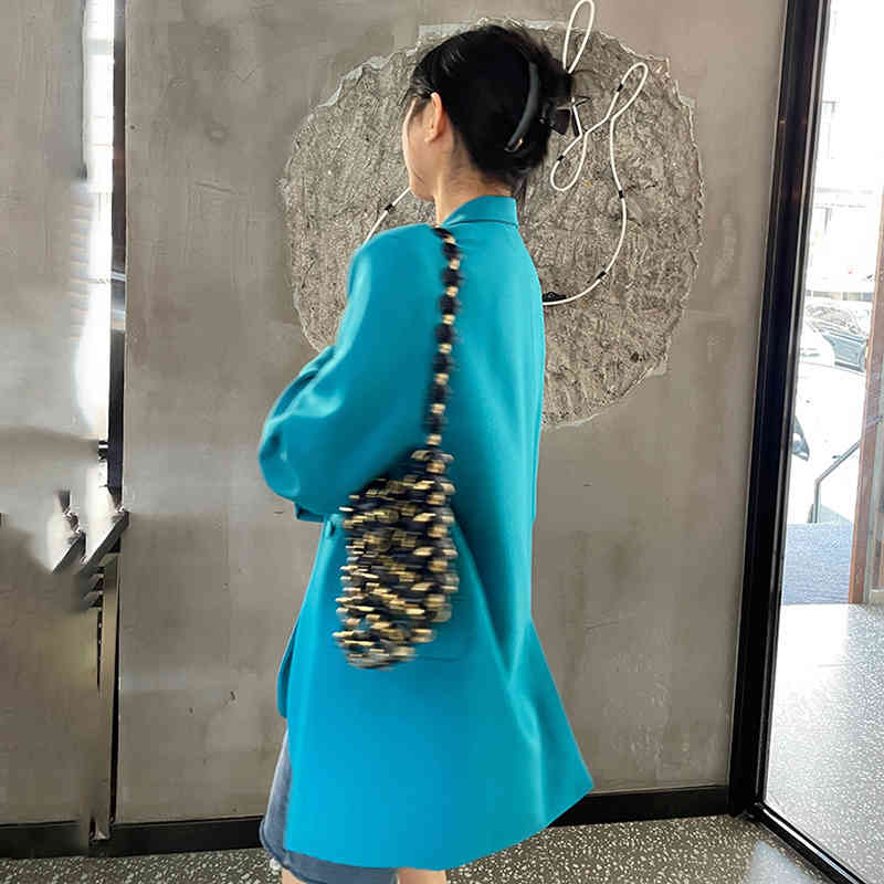 Blue Blazer Women's Spring Autumn Notched Large Size Single Button Back Split Long Sleeve Suit Coat Female 210427