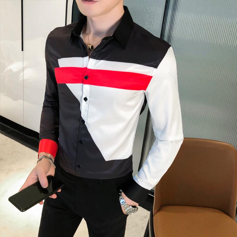 Social Guy Casual Slim Autumn Printing Embroidery Long-sleev Men's Fashion Temperament Inch Shirt Shirts