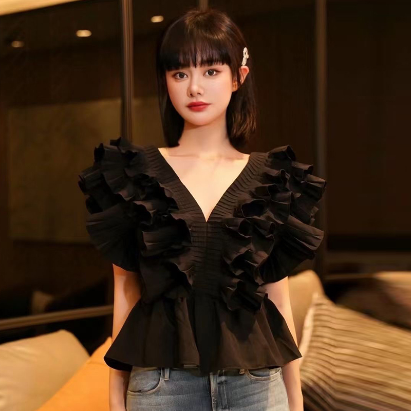 Red Casual Patchwork Ruffle Shirts For Women V Neck Short Sleeve Ruched Slim Blouses Female Summer Fashion 210524